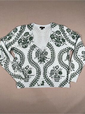 Talbots Petite Floral Damask V-Neck Cardigan Sweater White Green Pattern MP